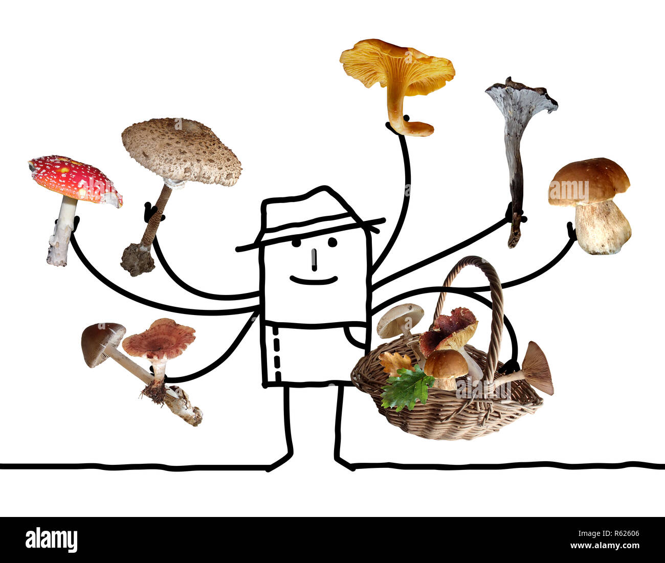Cartoon Mann mit Multi Pilze pflücken Stockfoto