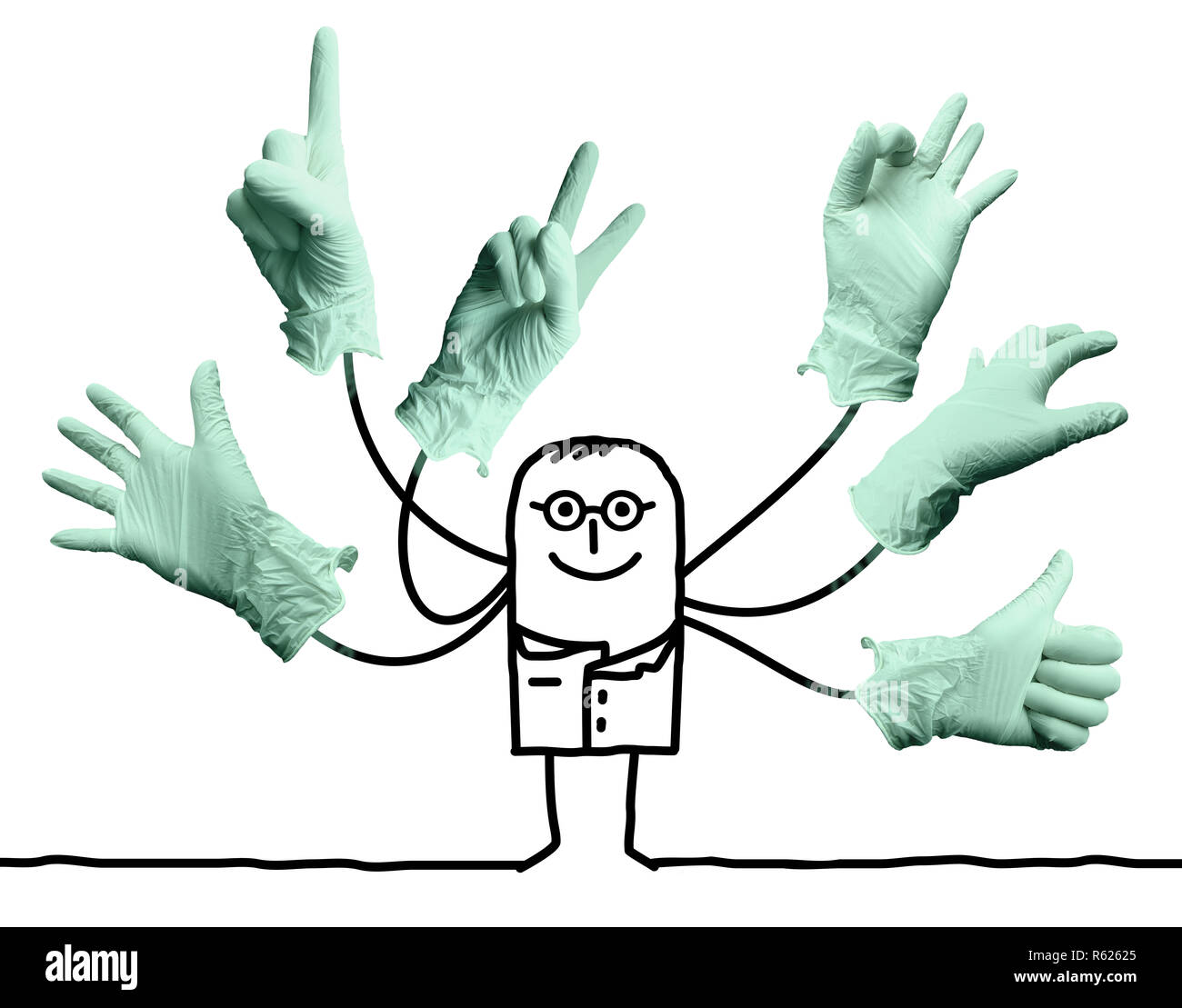 Cartoon Arzt mit mehreren Händen Zeichen Stockfoto