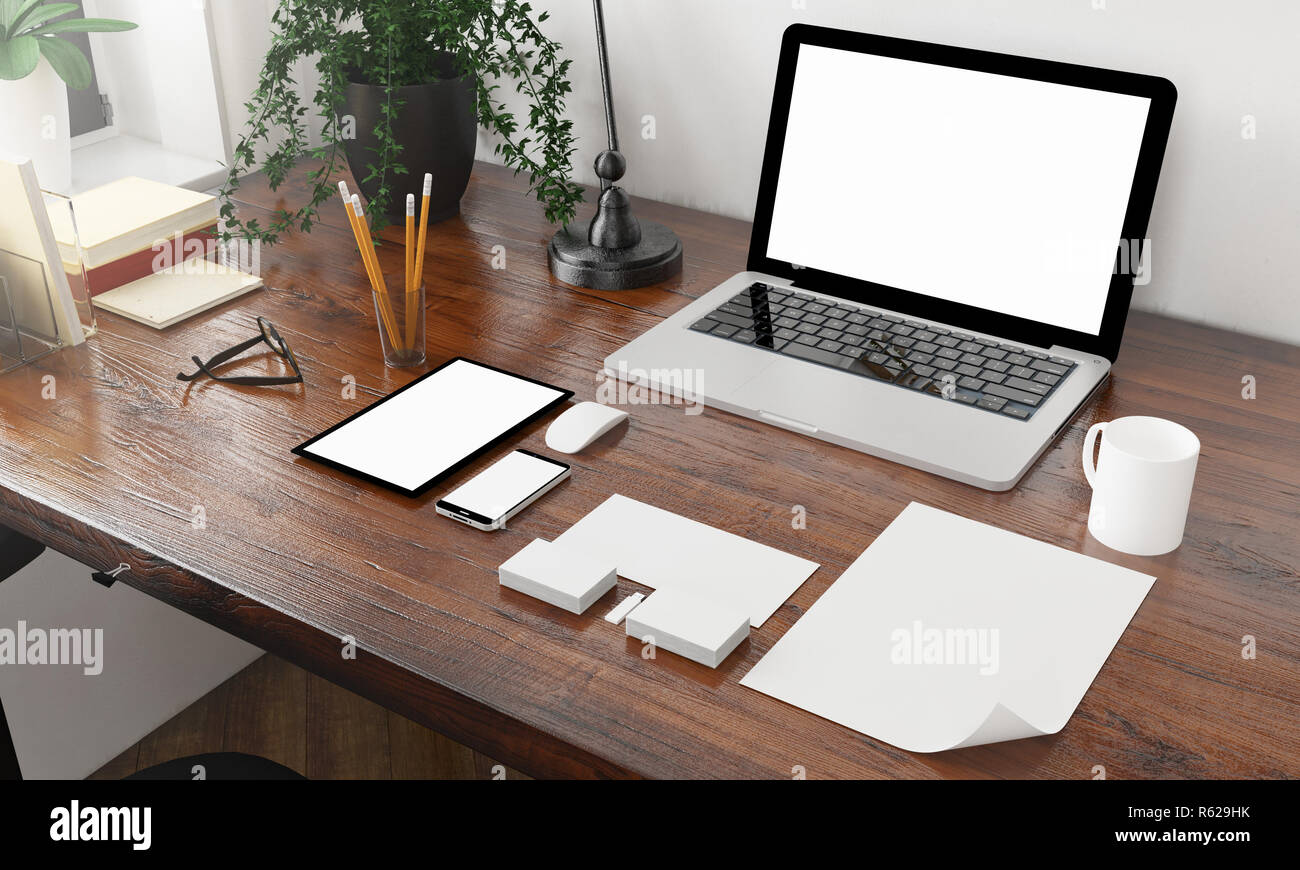 Corporate identity Elemente auf dem Desktop 3D-Rendering Stockfoto
