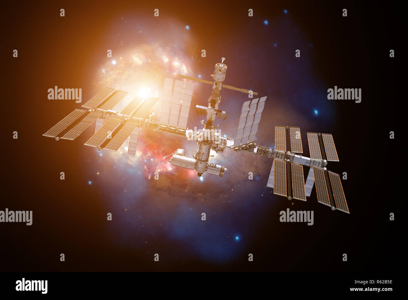 Internationale Raumstation ISS über einer Galaxie. Stockfoto