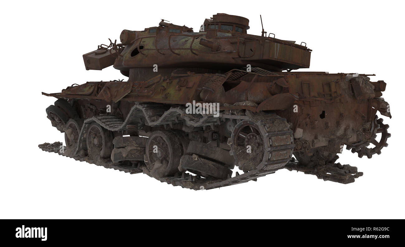 Beschädigte rusty Battle Tank auf einem weißen Hintergrund. 3D-Darstellung Stockfoto