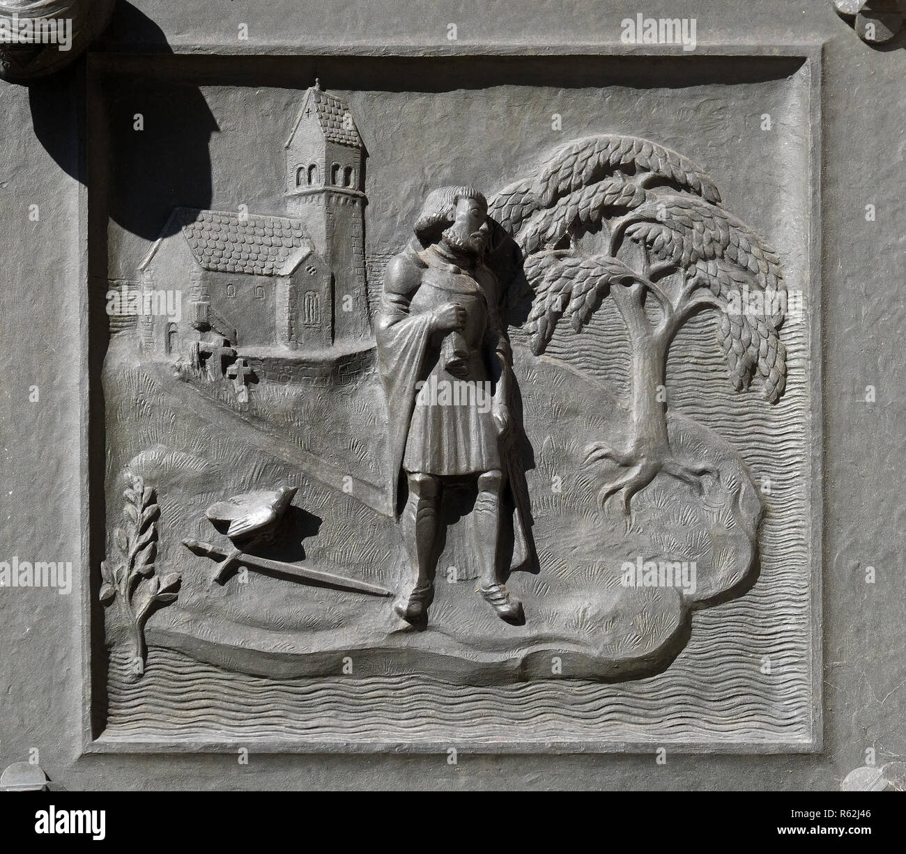 Ulrich von Hutten an Ufenau, wo er einen letzten Ausweg für Zwingli, Relief an der Tür der Grossmünster ('große Münster') Kirche in Zürich vorbereitet Stockfoto