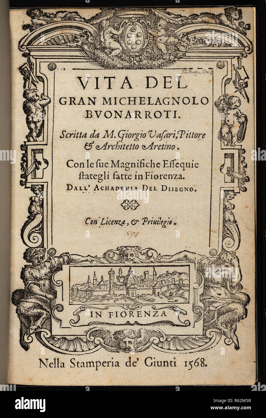 Vita de 'Gran Michelagnolo Buonarroti. Vom: veröffentlicht 1568. Abmessungen: Seitenformat: 21,1 x 14,3 cm (8 5/16 x 5 5/8 in.). Medium: 1 Vol: krank: holzschnitt Illustrationen. Museum: Nationalgalerie, Washington DC. Autor: Giorgio Vasari (Autor). Stockfoto