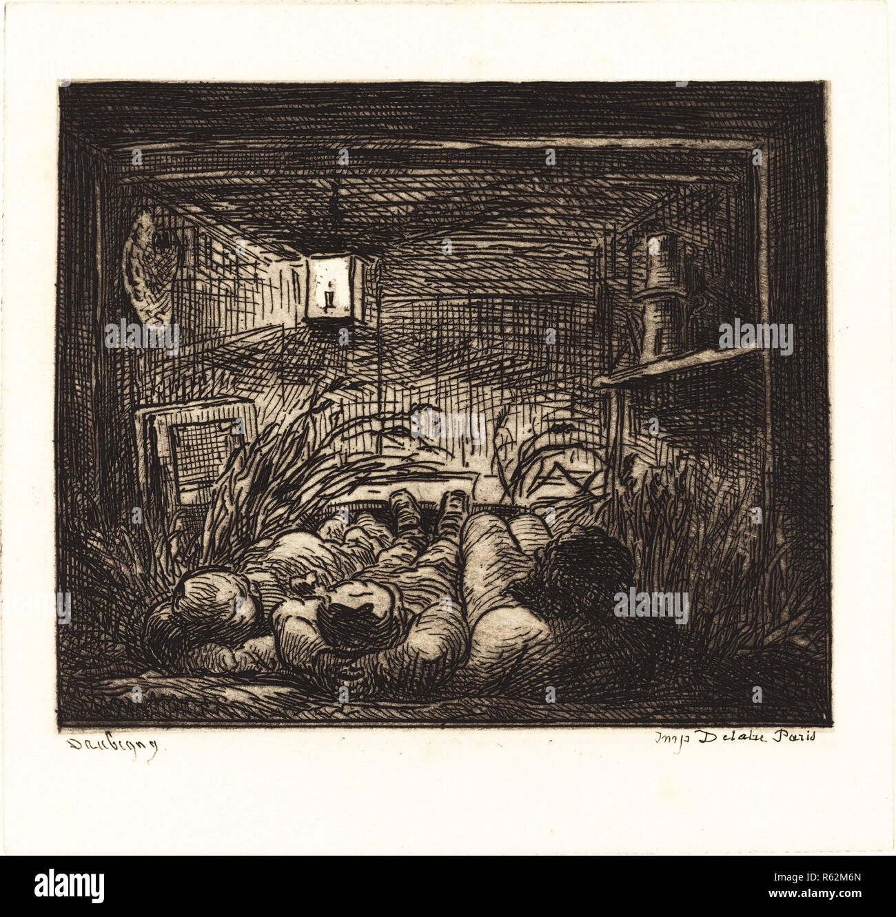 Schlafen an Bord der Bottin (Coucher a Bord du Bottin). Stand: 1862. Medium: Radierung. Museum: Nationalgalerie, Washington DC. Autor: Charles-Francois Daubigny. DAUBIGNY, Charles Francois. Stockfoto