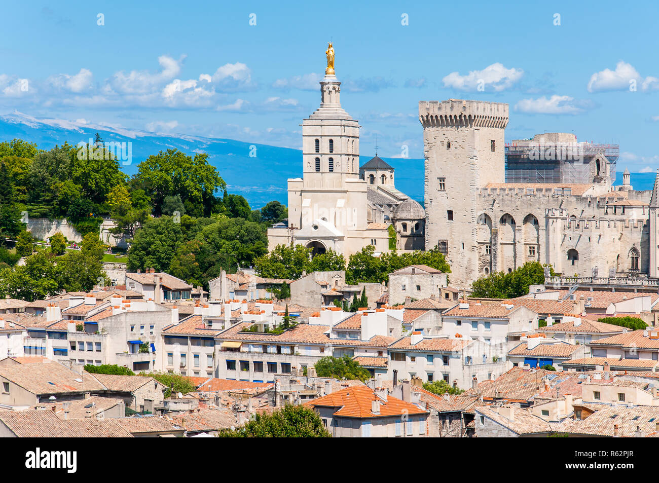 Avignon, Frankreich - 23. Juli 2011: Panoramablick auf mittelalterliche Altstadt das Stadtbild von Avignon, Frankreich mit Papstpalast Schloss in seinem Herzen. Stockfoto