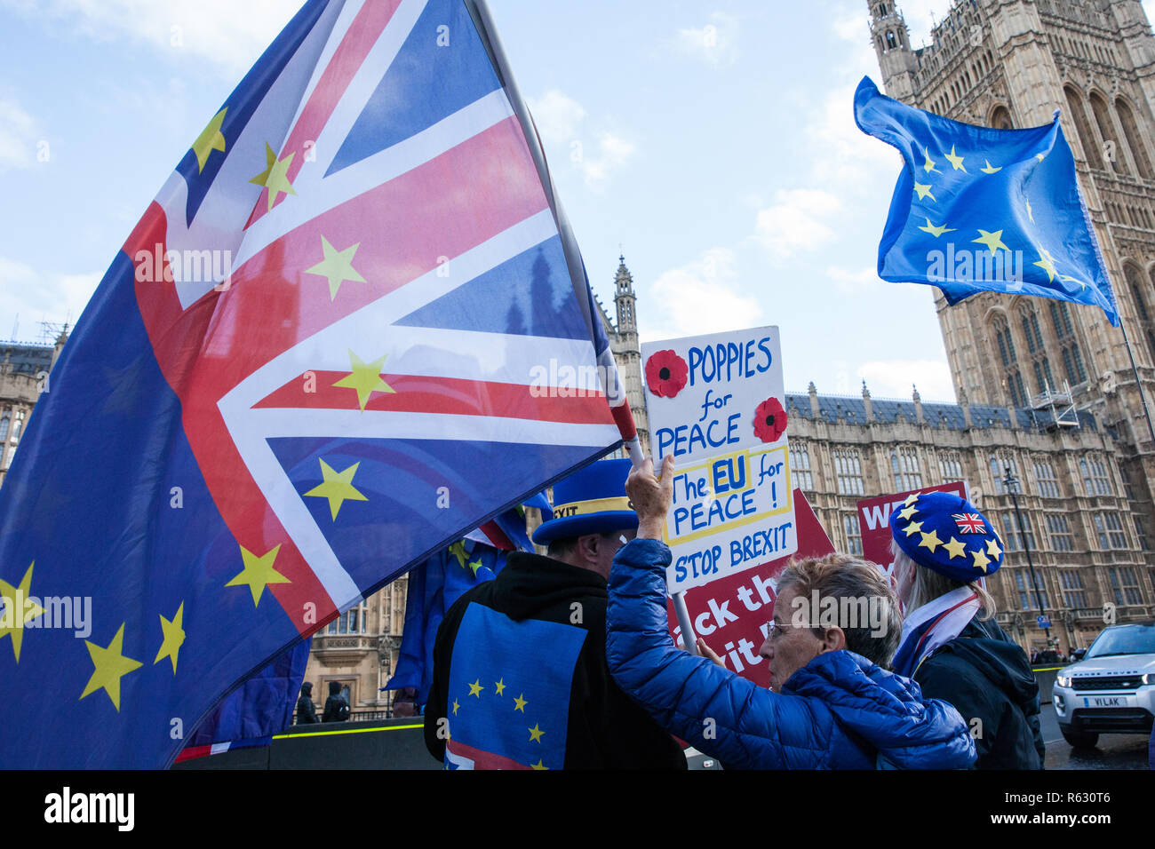 London, Großbritannien. 3. Dezember, 2018. Pro-EU-Befürworter von sodem (Stand der Missachtung der Europäischen Bewegung) Protest gegenüber dem Parlament. Credit: Mark Kerrison/Alamy leben Nachrichten Stockfoto