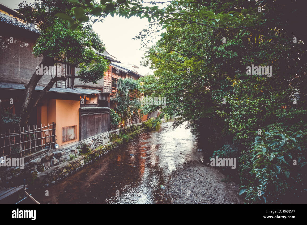 Traditionelle japanische Häuser auf Shirakawa Fluss, Gion Distrikt, Kyoto, Japan Stockfoto