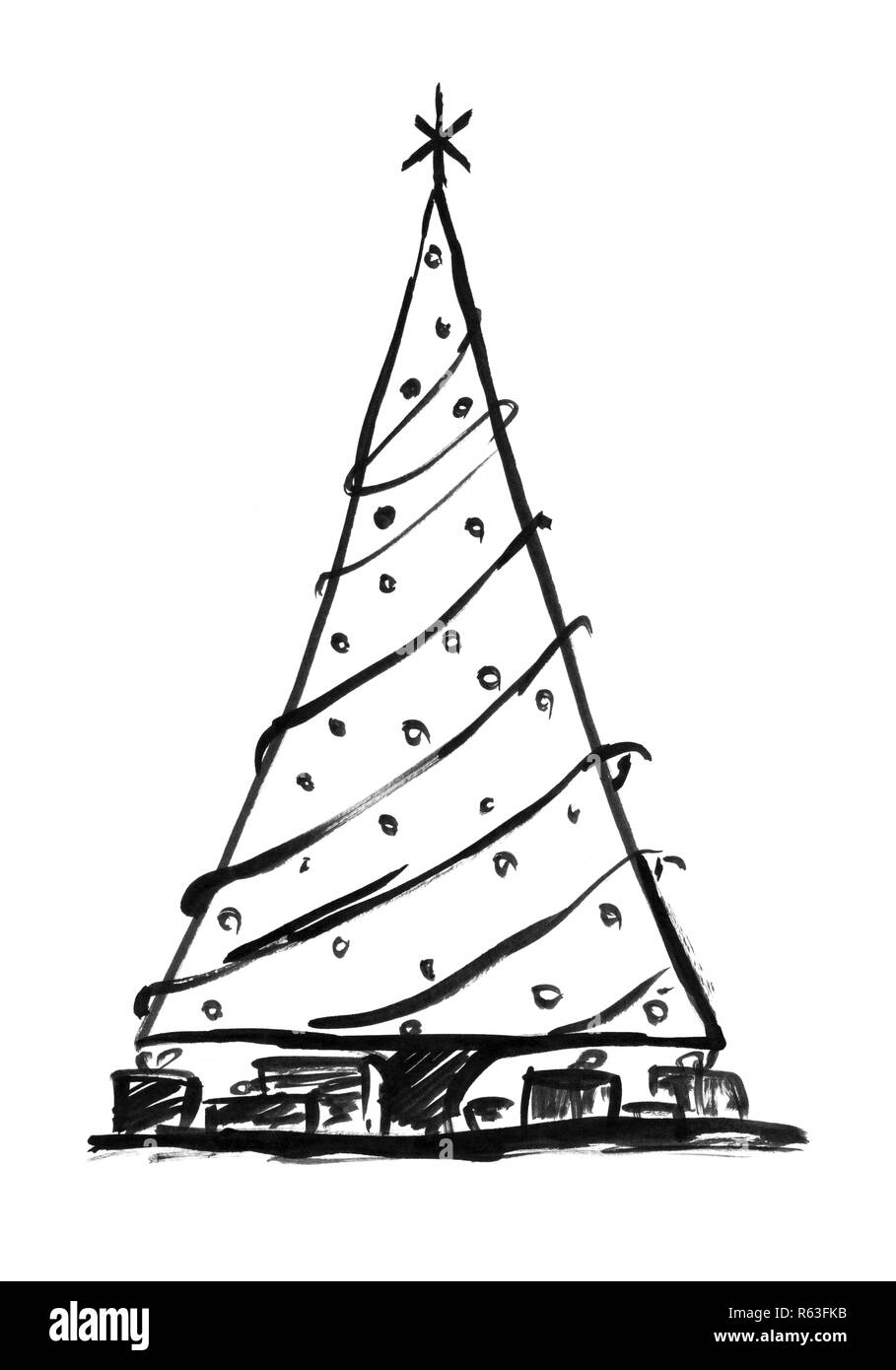 Schwarze Tinte Grunge künstlerische Hand Zeichnung der Weihnachtsbaum Stockfoto