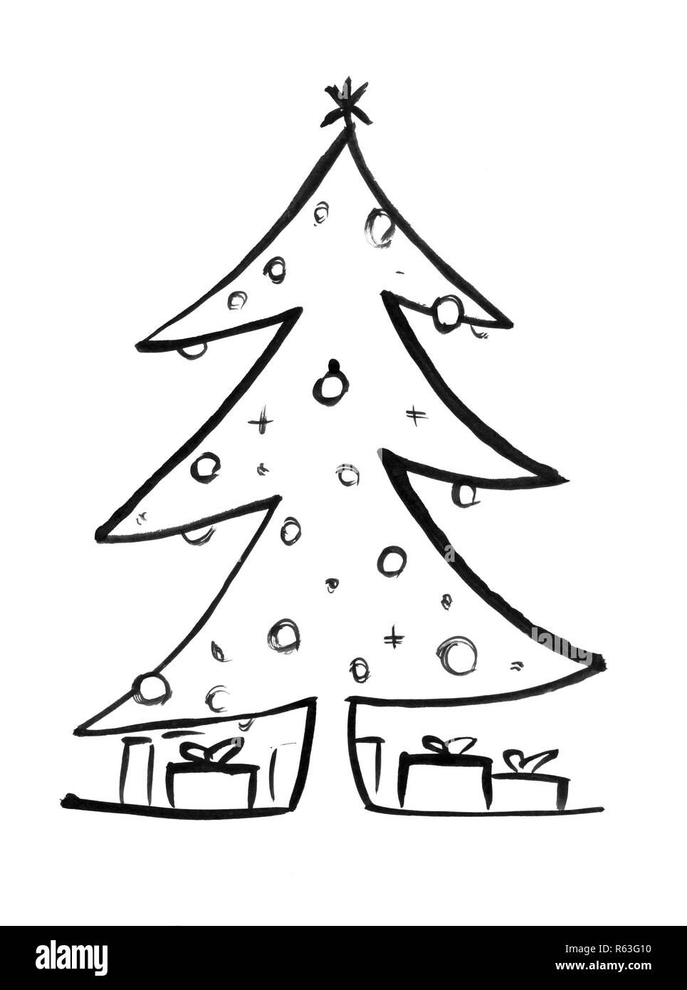 Schwarze Tinte Hand Zeichnung der geschmückten Weihnachtsbaum und Geschenkboxen rund um Stockfoto