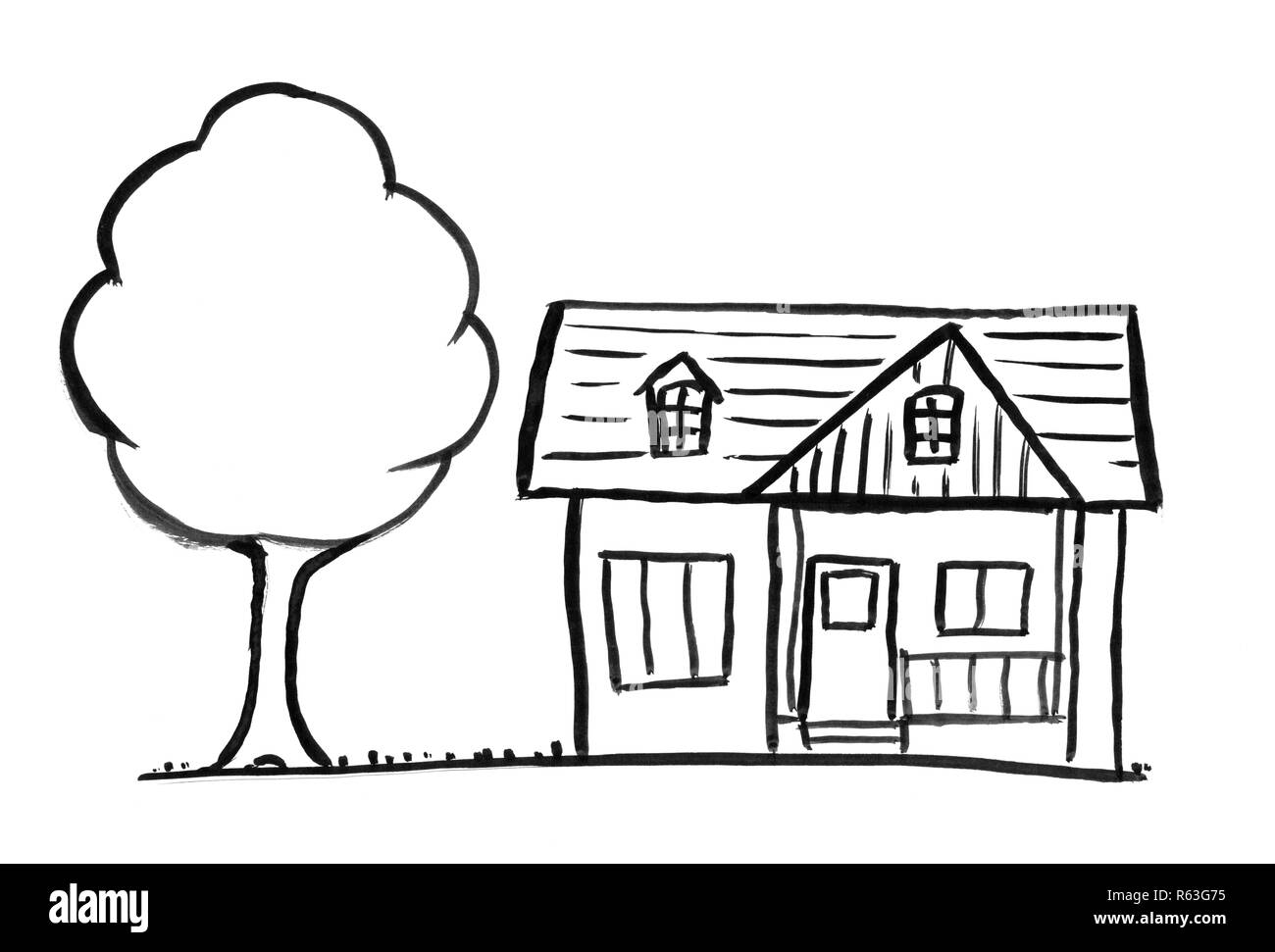 Schwarze Tinte Grunge Hand Zeichnung der romantischen Haus und Baum Stockfoto