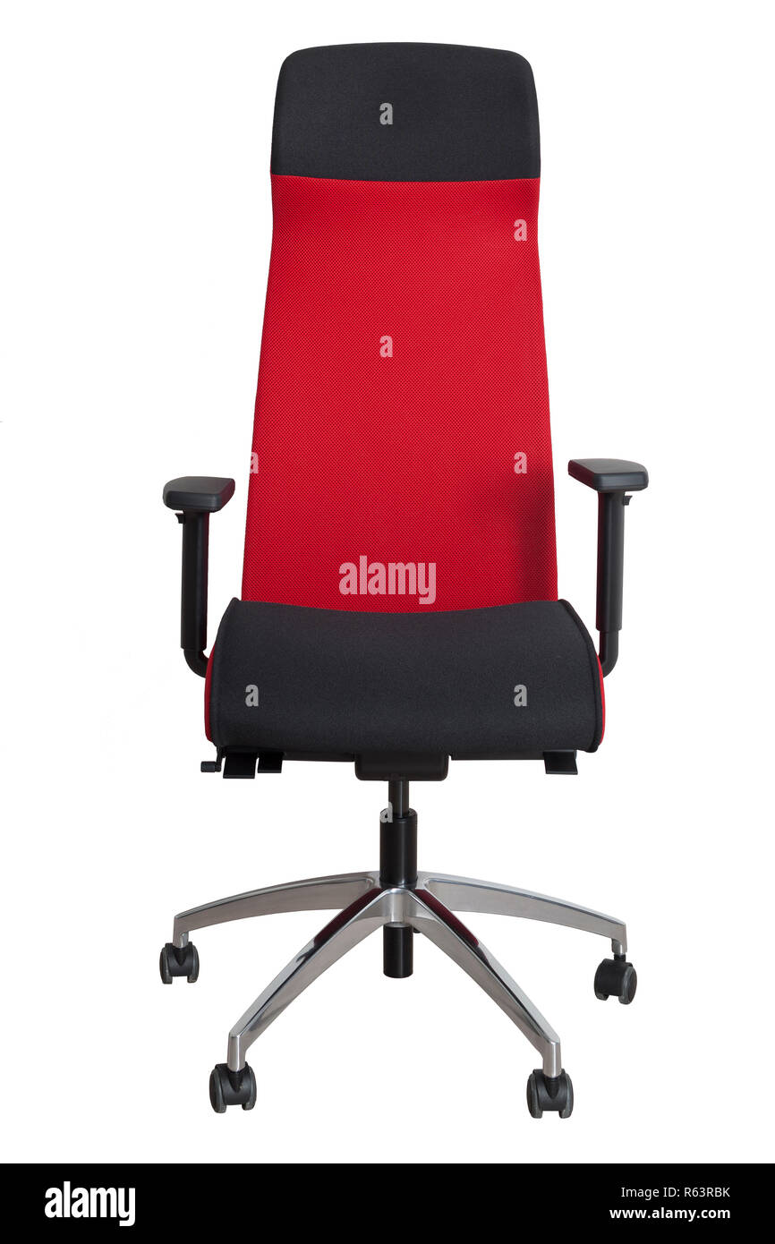 Moderne Bürostuhl, in schwarzen und roten Farben gepolstert, auf weißem Hintergrund. Stockfoto