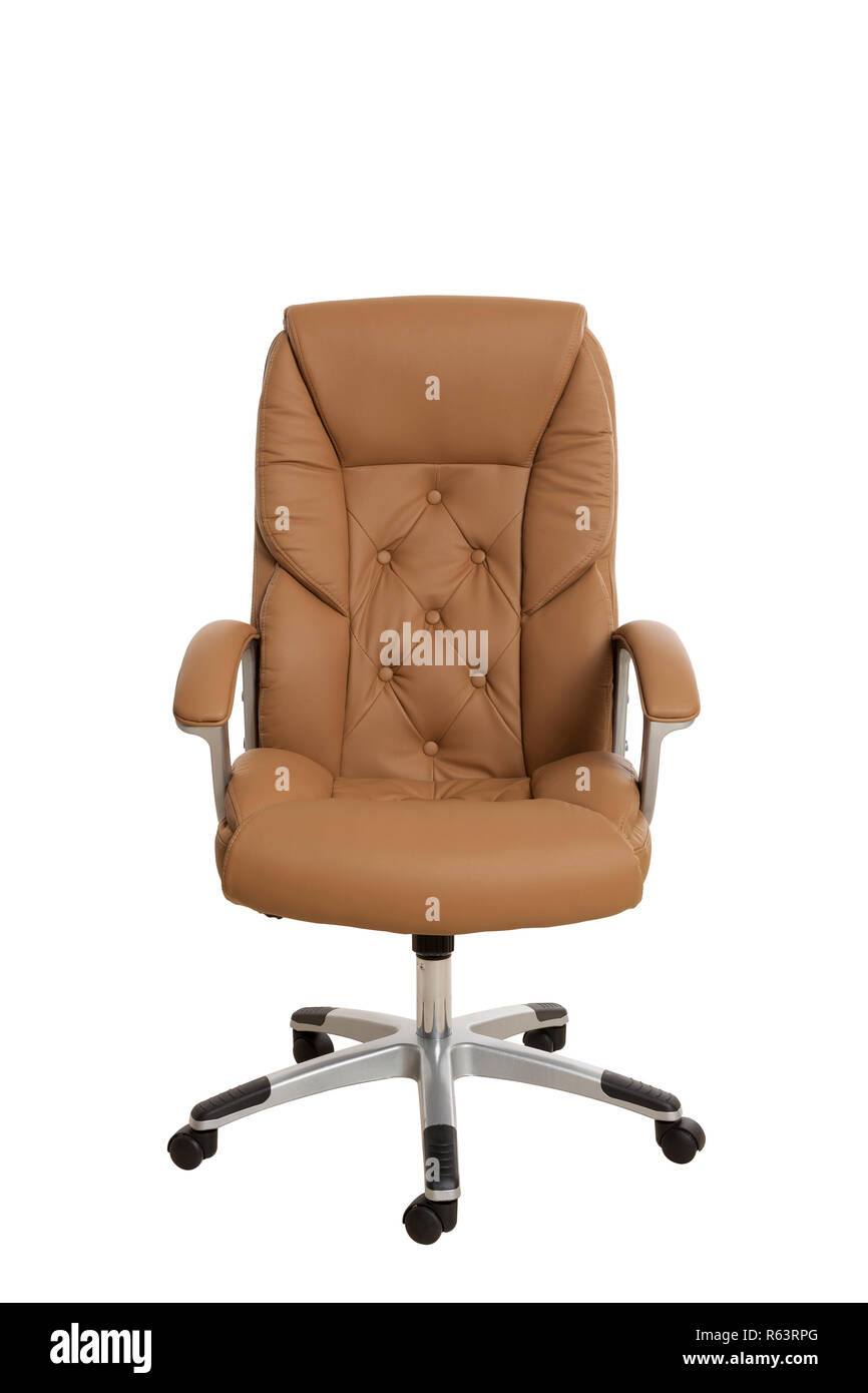 Vorderansicht Eines Luxuriosen Manager Office Stuhl Gepolstert Mit Hellbraunem Leder Auf Weissem Hintergrund Stockfotografie Alamy