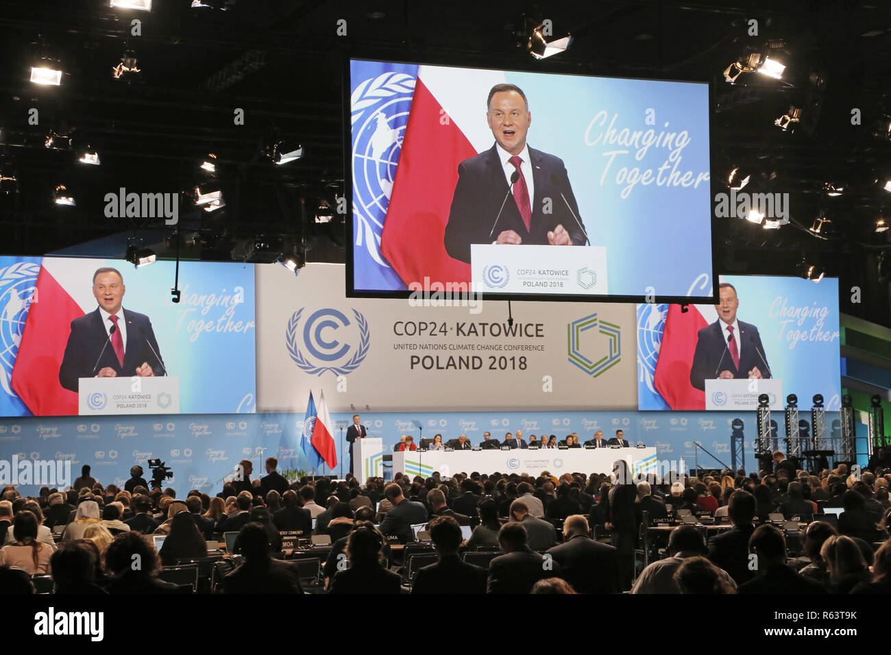 Andrzej Duda, Präsident von Polen, spricht während der Eröffnungsfeier der COP 24 Konferenz (24. Konferenz der Vertragsparteien des Rahmenübereinkommens der Vereinten Nationen fr Stockfoto