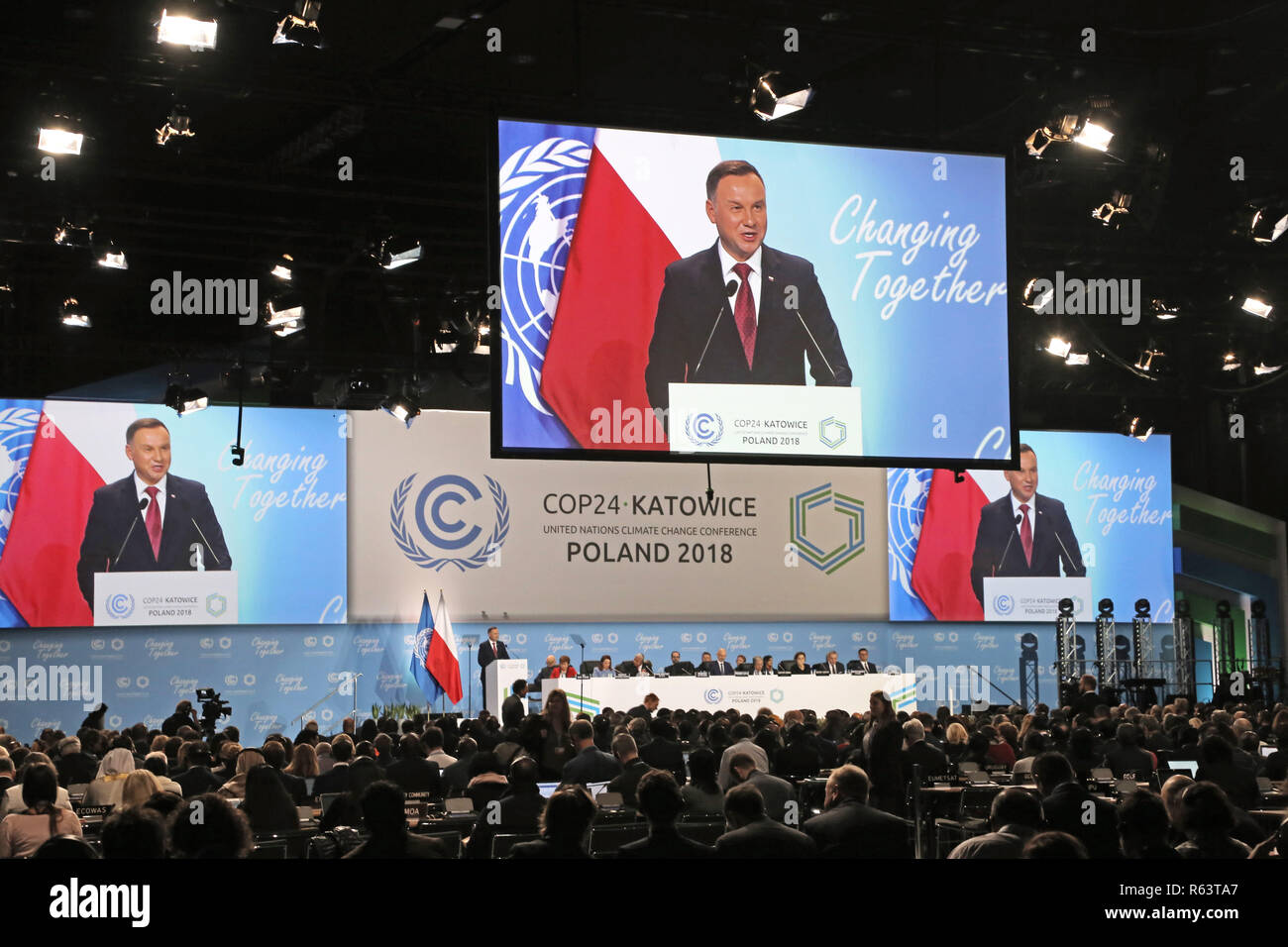 Andrzej Duda, Präsident von Polen, spricht während der Eröffnungsfeier der COP 24 Konferenz (24. Konferenz der Vertragsparteien des Rahmenübereinkommens der Vereinten Nationen fr Stockfoto