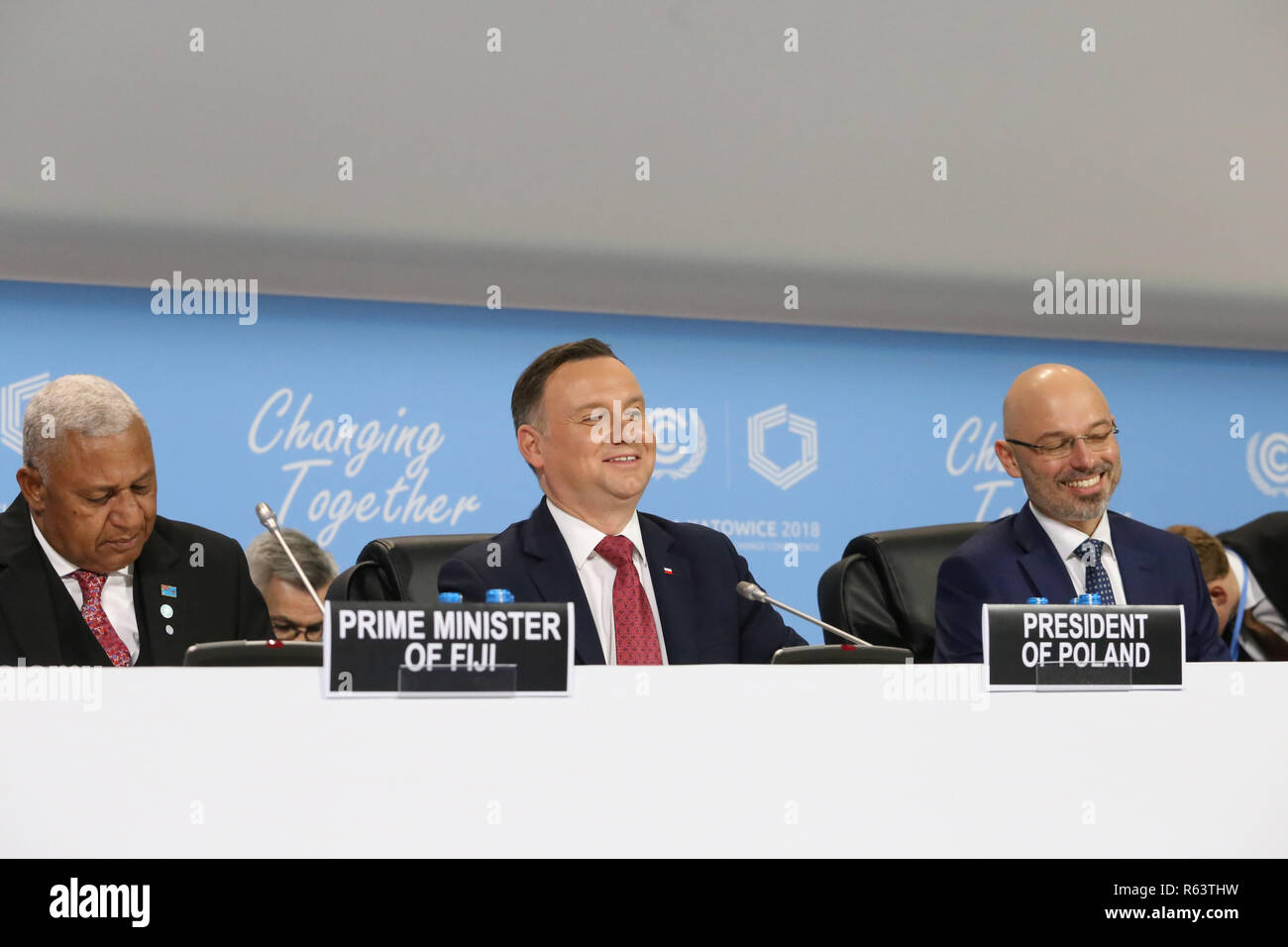 L-R Frank Bainimarama, Premierminister der Fidschi-Inseln, Andrzej Duda, Präsident von Polen, und Michal Kurtyka, Präsident der COP 24 Konferenz, während gesehen Stockfoto