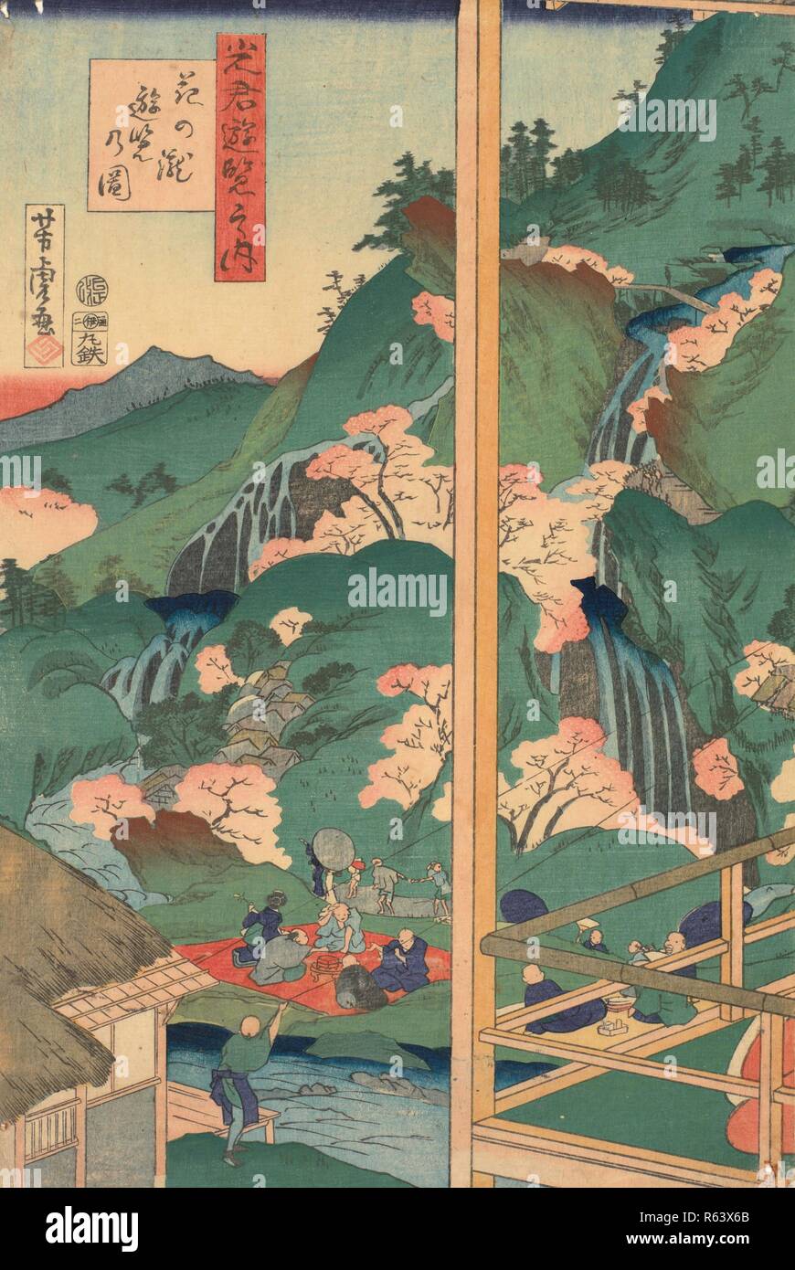 Eine Urlaubsreise nach den Wasserfall von Blumen, aus der Serie von Ausflugsfahrten des Shining Prince. Datum: Erster Monat 1869. Abmessungen: 37 cm x 25 cm. Museum: Van Gogh Museum, Amsterdam. Thema: UTAGAWA YOSHITORA,. Stockfoto