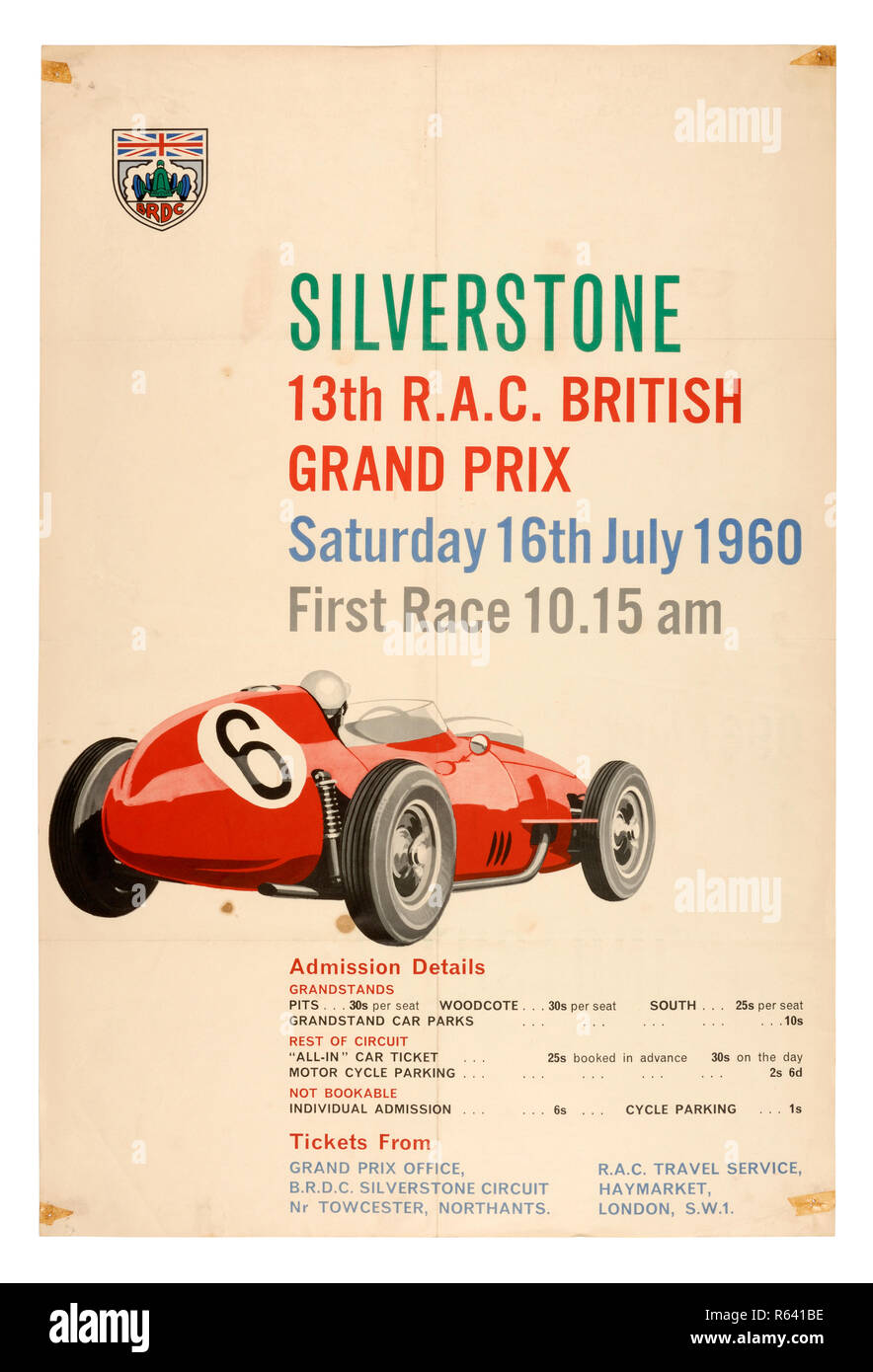 Vintage Poster für die 1960 RAC British Grand Prix der Formel 1 Rennen in Silverstone. Stockfoto