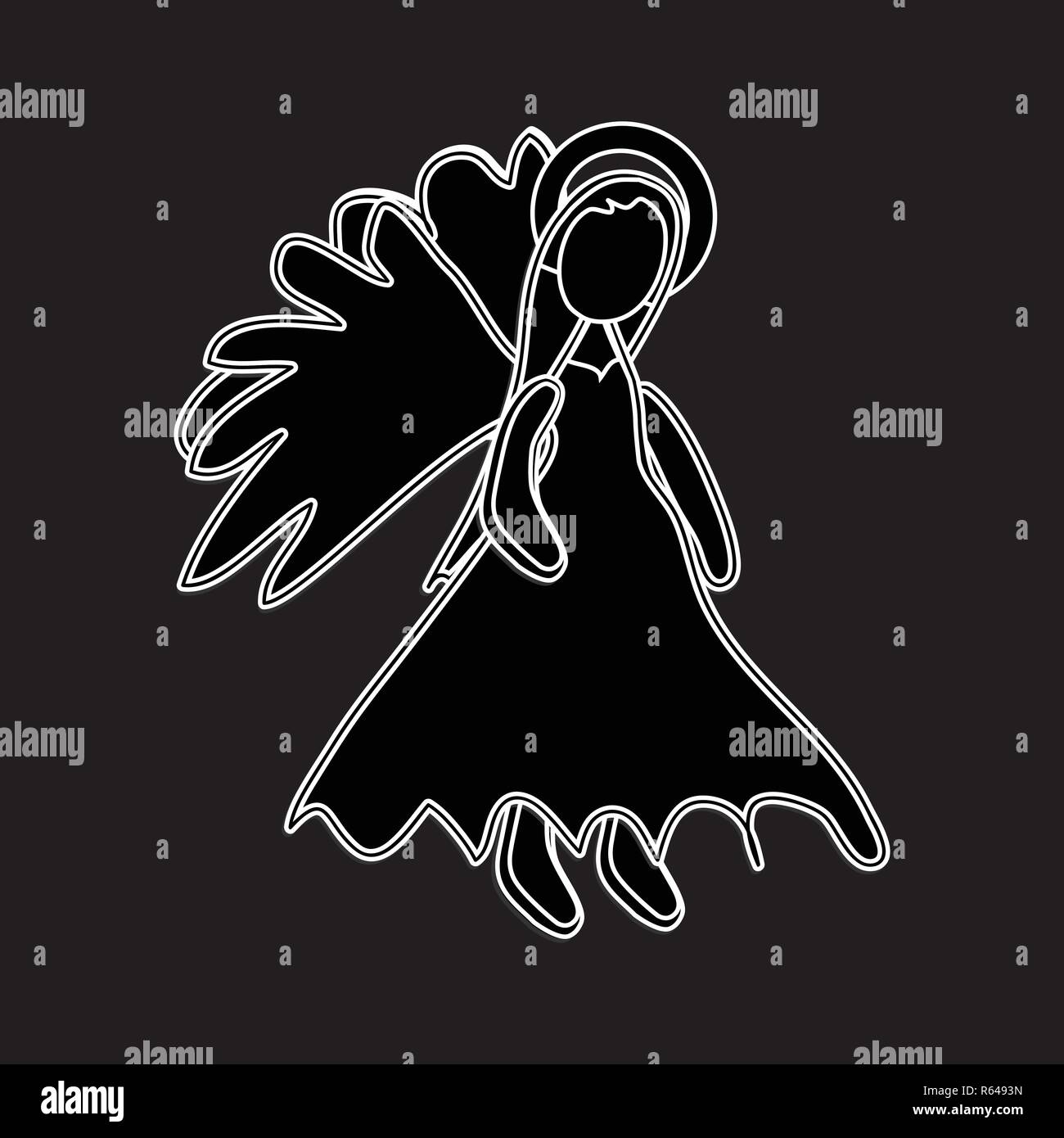 Weihnachten Engel weißer Umriss Symbol Design. Vektor Weihnachten Abbildung auf schwarzen Hintergrund isoliert. Engel Silhouette. Stock Vektor