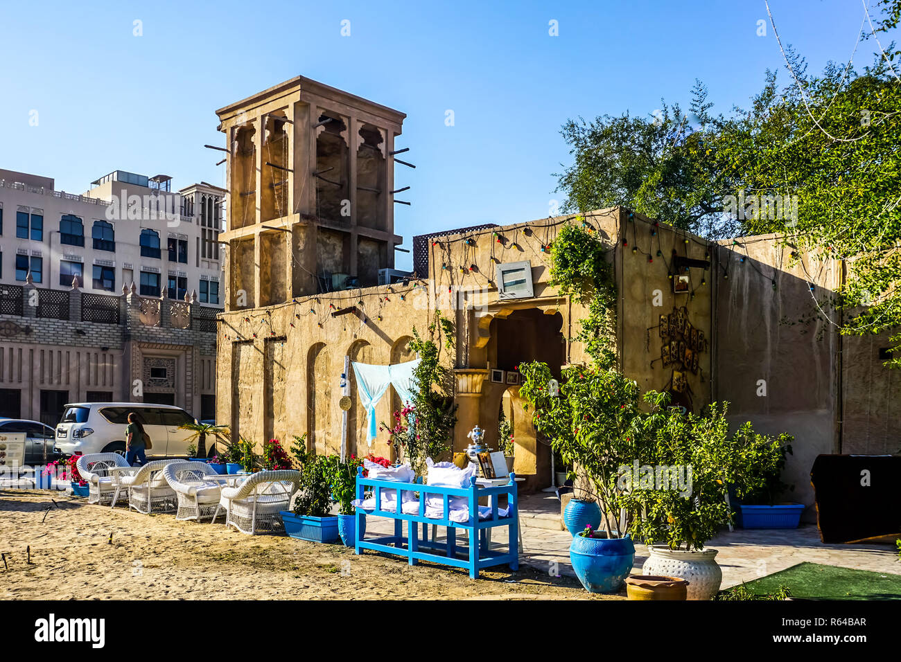 Dubai Al Bastakiya Al Fahidi im Historischen Viertel traditionelle Windcatcher Restaurant Gebäude Stockfoto