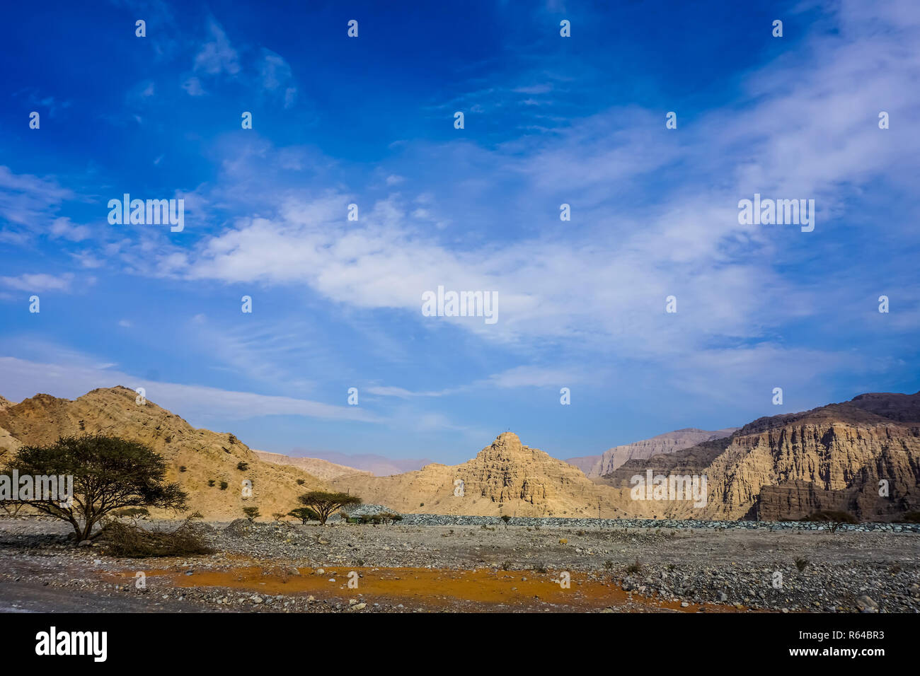 Jebel Jais Berg malerischen Blick auf Baum Berge und blauer Himmel Stockfoto