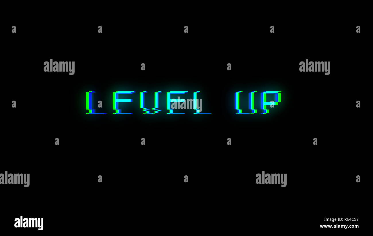 Ebene nach oben Text mit schlechtem Signal. Glitch Wirkung Stockfoto