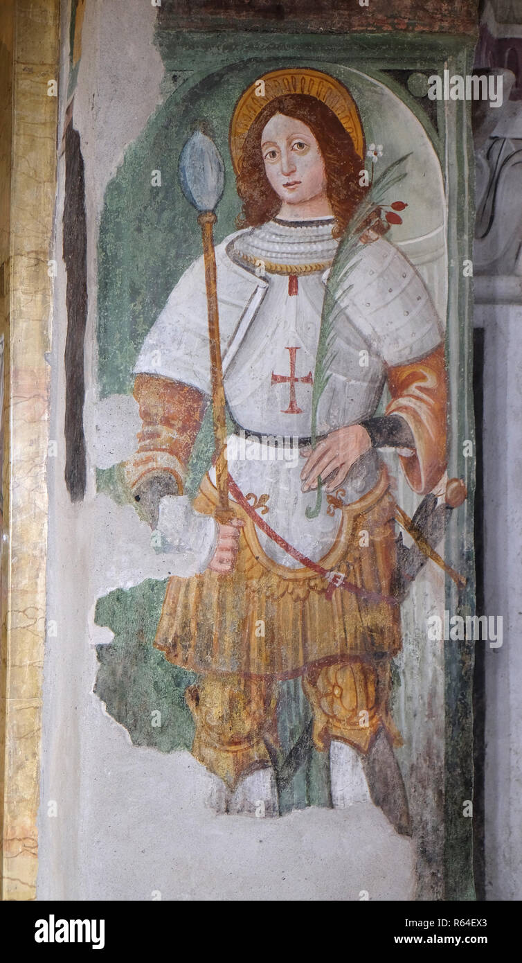 Saint Victor, Fresko in der Kirche von St. Victor auf der Insel der Fischer, einem der berühmten Borromäischen Inseln des Lago Maggiore, Italien Stockfoto