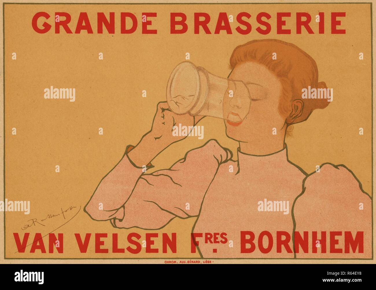 Grande Brasserie Van Velsen frères Bornhem aus dem Album Les Maîtres de l'affiche (Album I). Abmessungen: 29 cm x 39,9 cm, 20,5 cm x 29 cm. Museum: Van Gogh Museum, Amsterdam. Autor: Armand RASSENFOSSE. Stockfoto