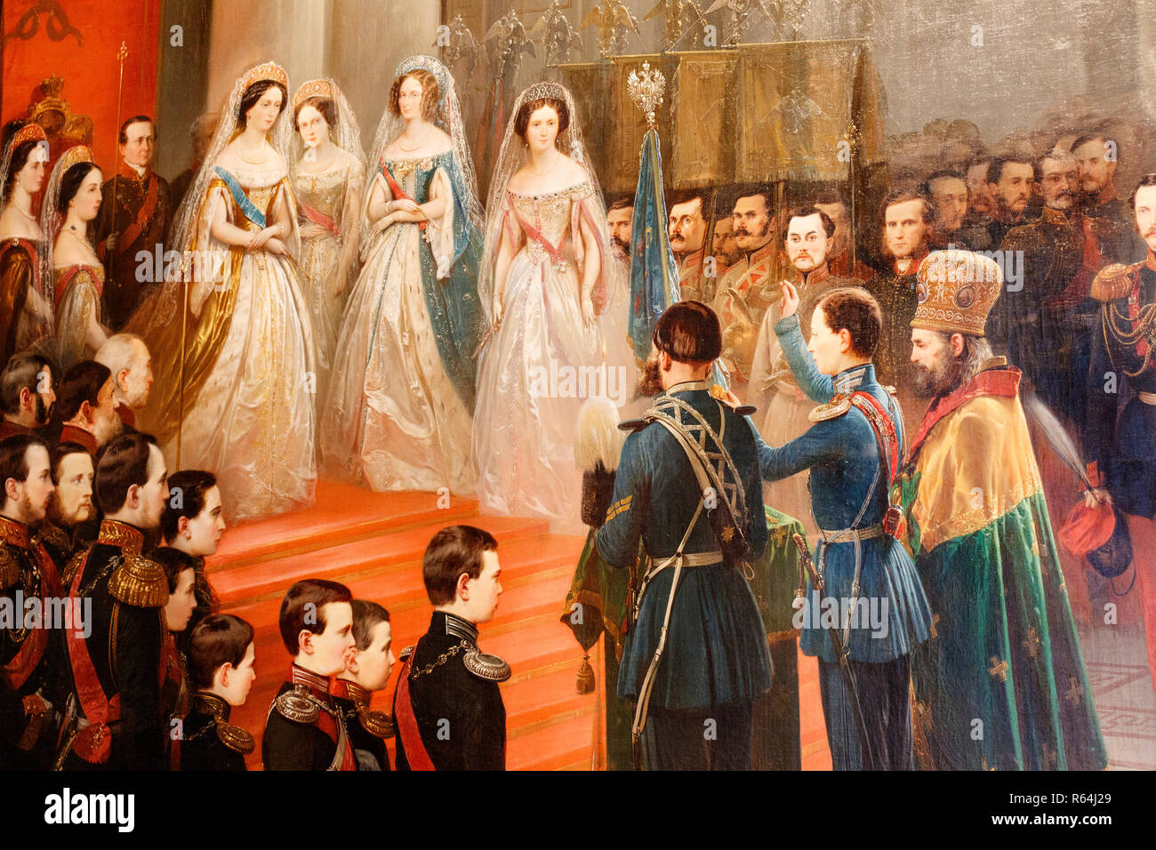 Ein Abschnitt von einem Gemälde aus der Ausstellung genannt Die Romanows in Zarskoje Selo, die auf Anzeige an Catherine's Palast, St. Petersburg, Russland. Stockfoto