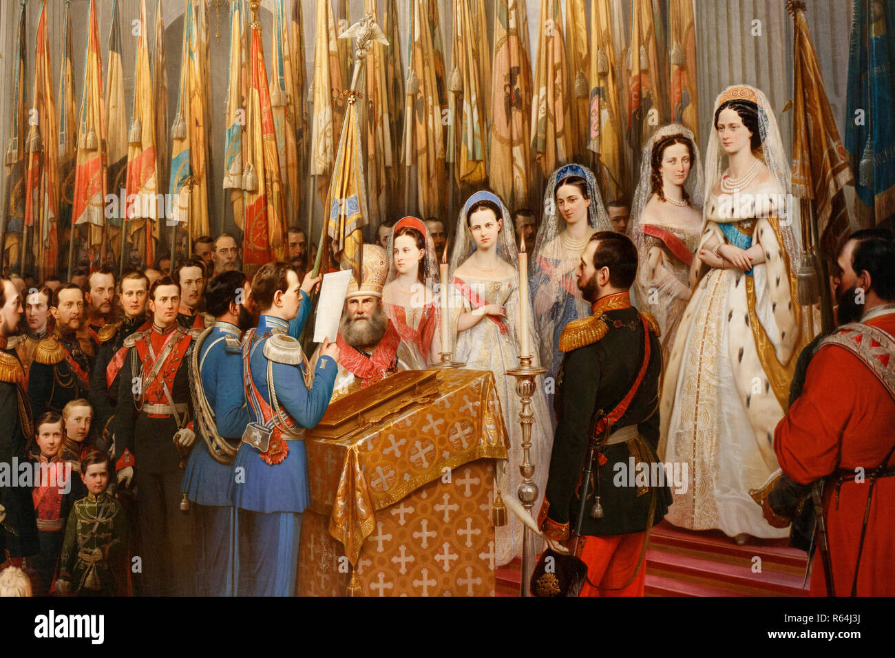 Ein Abschnitt von einem Gemälde aus der Ausstellung genannt Die Romanows in Zarskoje Selo, die auf Anzeige an Catherine's Palast, St. Petersburg, Russland. Stockfoto
