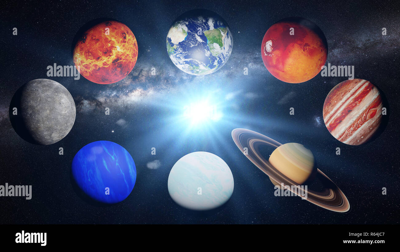 Die Planeten des Sonnensystems, die von der Sonne beleuchtet Stockfoto