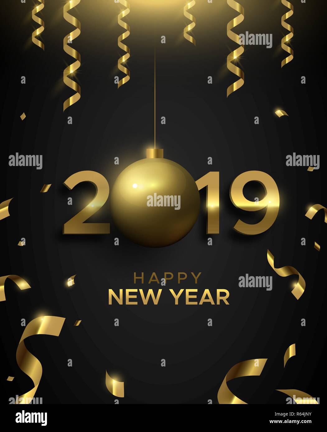 Happy New Year Karte, Gold 2019 Christbaumkugel ornament unterzeichnen. Luxus Typografie Anzahl Hintergrund für Party Einladung oder Jahreszeiten Gruß. Stock Vektor
