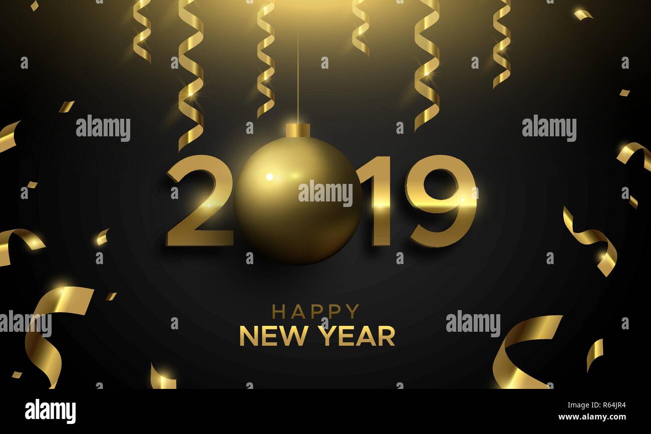 Happy New Year Karte, Gold 2019 Christbaumkugel ornament unterzeichnen. Luxus Typografie Anzahl Hintergrund für Party Einladung oder Jahreszeiten Gruß. Stock Vektor