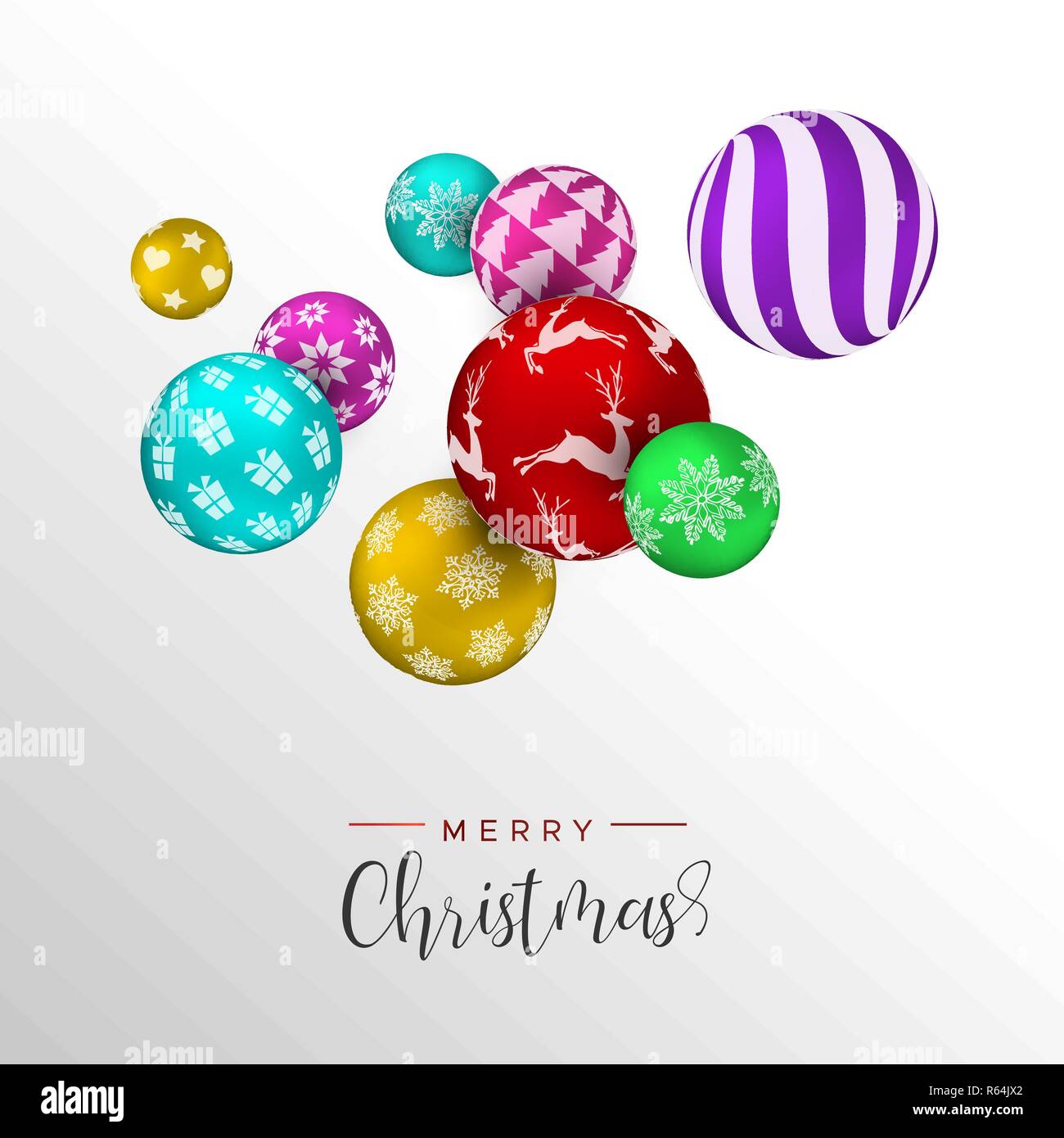 Weihnachtskarte, bunte Xmas bauble Ornamente. Mehrfarbige urlaub Kugeln Hintergrund für die Einladung oder Jahreszeiten Gruß. Stock Vektor