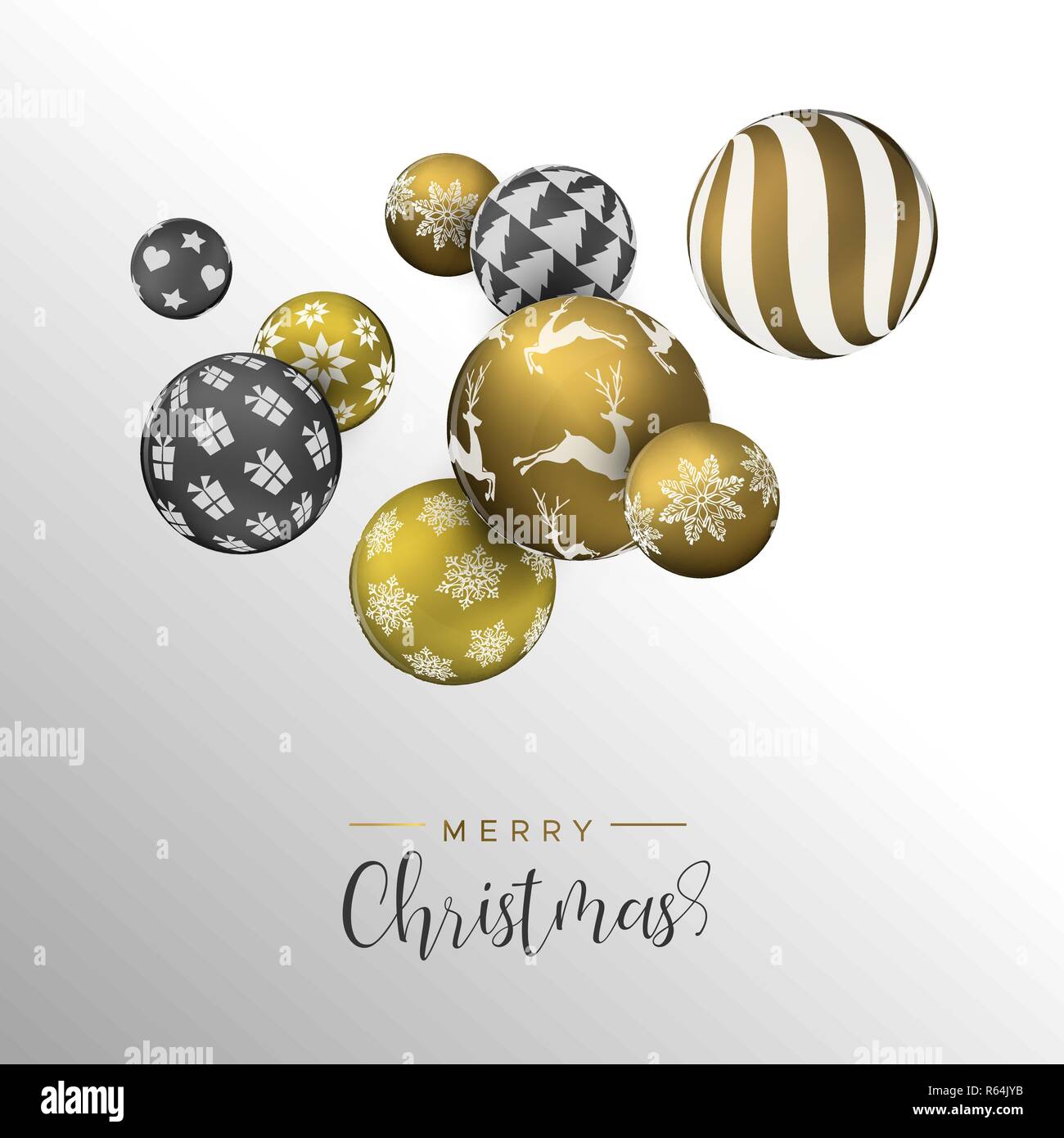 Merry Christmas Card, Gold und Schwarz xmas bauble Ornamente. Luxus Urlaub Kugeln Hintergrund für die Einladung oder Jahreszeiten Gruß. Stock Vektor