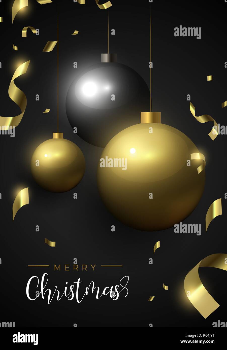 Merry Christmas Card, Gold und Schwarz xmas bauble Ornamente. Luxus Urlaub Kugeln Hintergrund für die Einladung oder Jahreszeiten Gruß. Stock Vektor