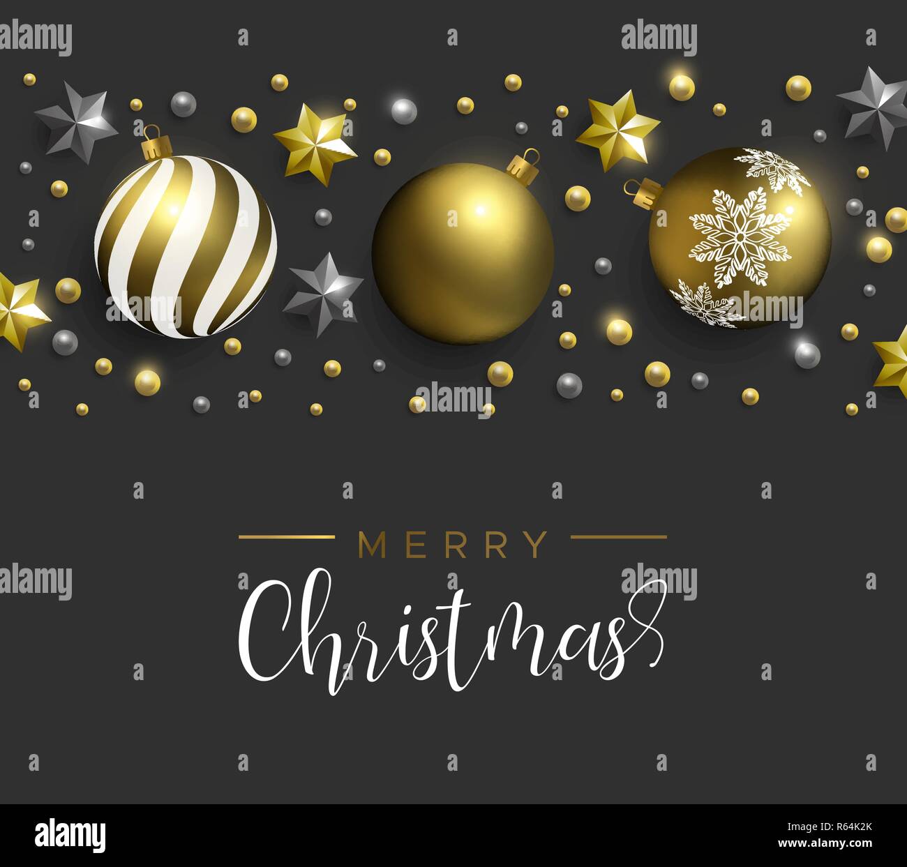 Frohe Weihnachten Karte. Gold realistische Christbaumkugel Ornamente und Sterne auf dem schwarzen Hintergrund. Luxus Urlaub Layout für eine Einladung oder Jahreszeiten Gruß. Stock Vektor