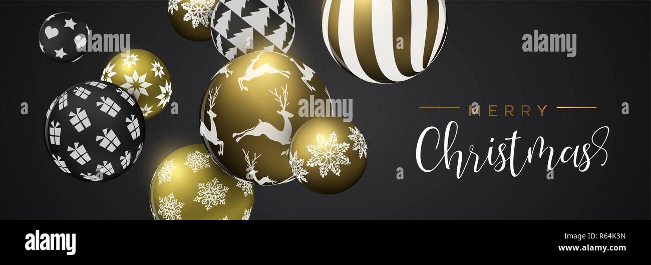 Frohe Weihnachten Web Banner, Gold und Schwarz xmas bauble Ornamente. Luxus Urlaub Kugeln Hintergrund für die Einladung oder Jahreszeiten Gruß. Stock Vektor