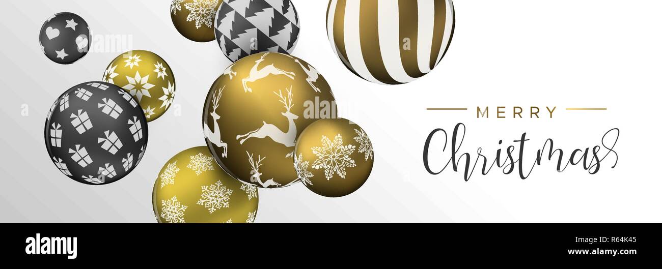 Frohe Weihnachten Web Banner, Gold und Schwarz xmas bauble Ornamente. Luxus Urlaub Kugeln Hintergrund für die Einladung oder Jahreszeiten Gruß. Stock Vektor
