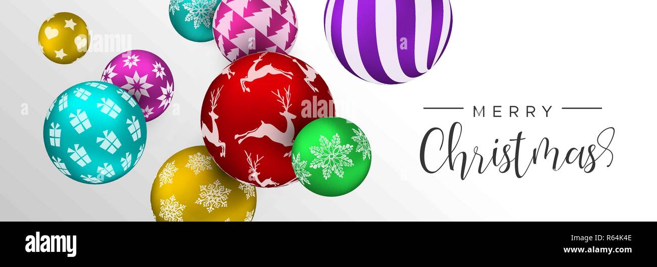 Frohe Weihnachten Web Banner, bunte Xmas bauble Ornamente. Mehrfarbige urlaub Kugeln Hintergrund für die Einladung oder Jahreszeiten Gruß. Stock Vektor