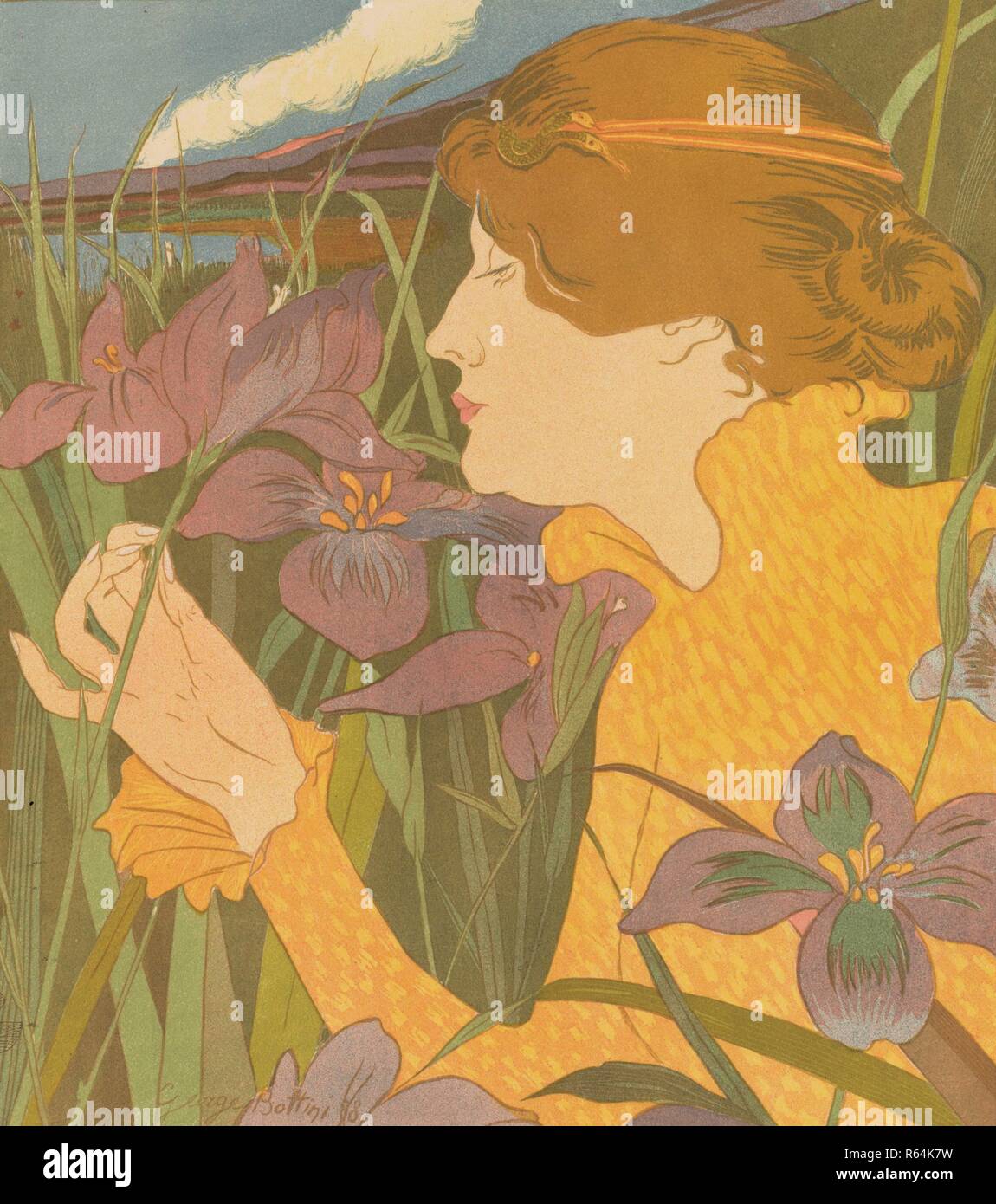 Frau mit Iris (La femme aux Iris). Abmessungen: 50,5 cm x 37,9 cm, 38 cm x 33,1 cm. Museum: Van Gogh Museum, Amsterdam. Autor: Bottini, Georges Alfred. Stockfoto