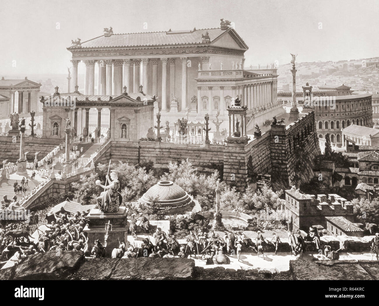 Der Tempel des Jupiter Optimus Maximus und dahinter, auf der rechten Seite, das Theater von Marcellus, wie Sie in Rom in 312 AD erschienen sind. Nach einem Abschnitt über einen Panoramablick auf die Malerei von Rom erstellt von Professor J. Bühlmann und Alexander Wagner und im leporello veröffentlicht, oder fold-out, Buch in München, 1892, betitelt das Alte Rom mit dem triumphzuge Kaiser Constantin im Jahre 312 Stockfoto