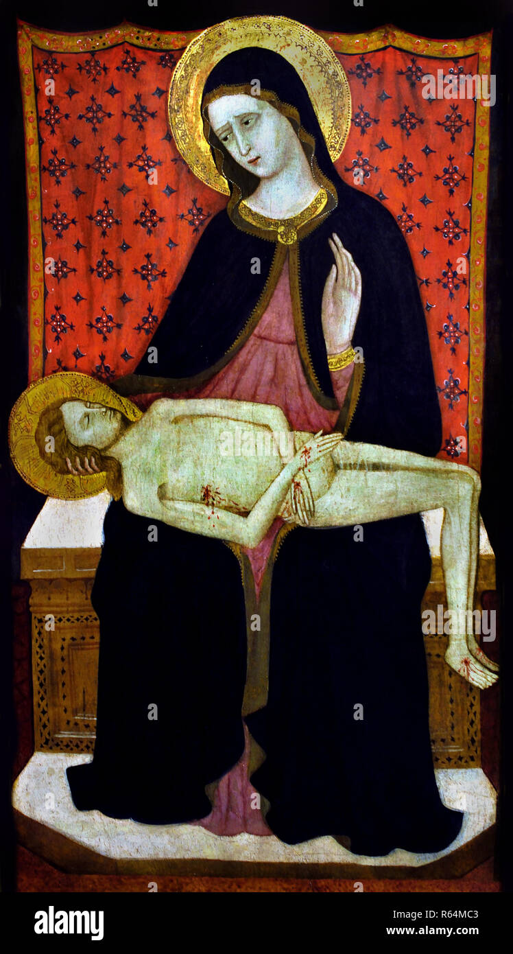 Madonna mit dem toten Christus von Meister von San Verecondo (tätig zwischen Marche und Umbrien in den ersten drei Jahrzehnten oder so aus dem 15. Jahrhundert, Italien, Italienisch. Stockfoto