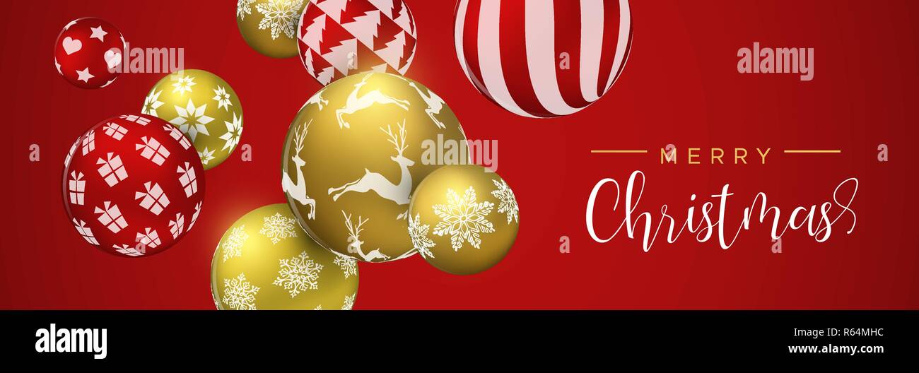 Frohe Weihnachten Web Banner, Gold und Rot xmas bauble Ornamente. Luxus Urlaub Kugeln Hintergrund für die Einladung oder Jahreszeiten Gruß. Stock Vektor