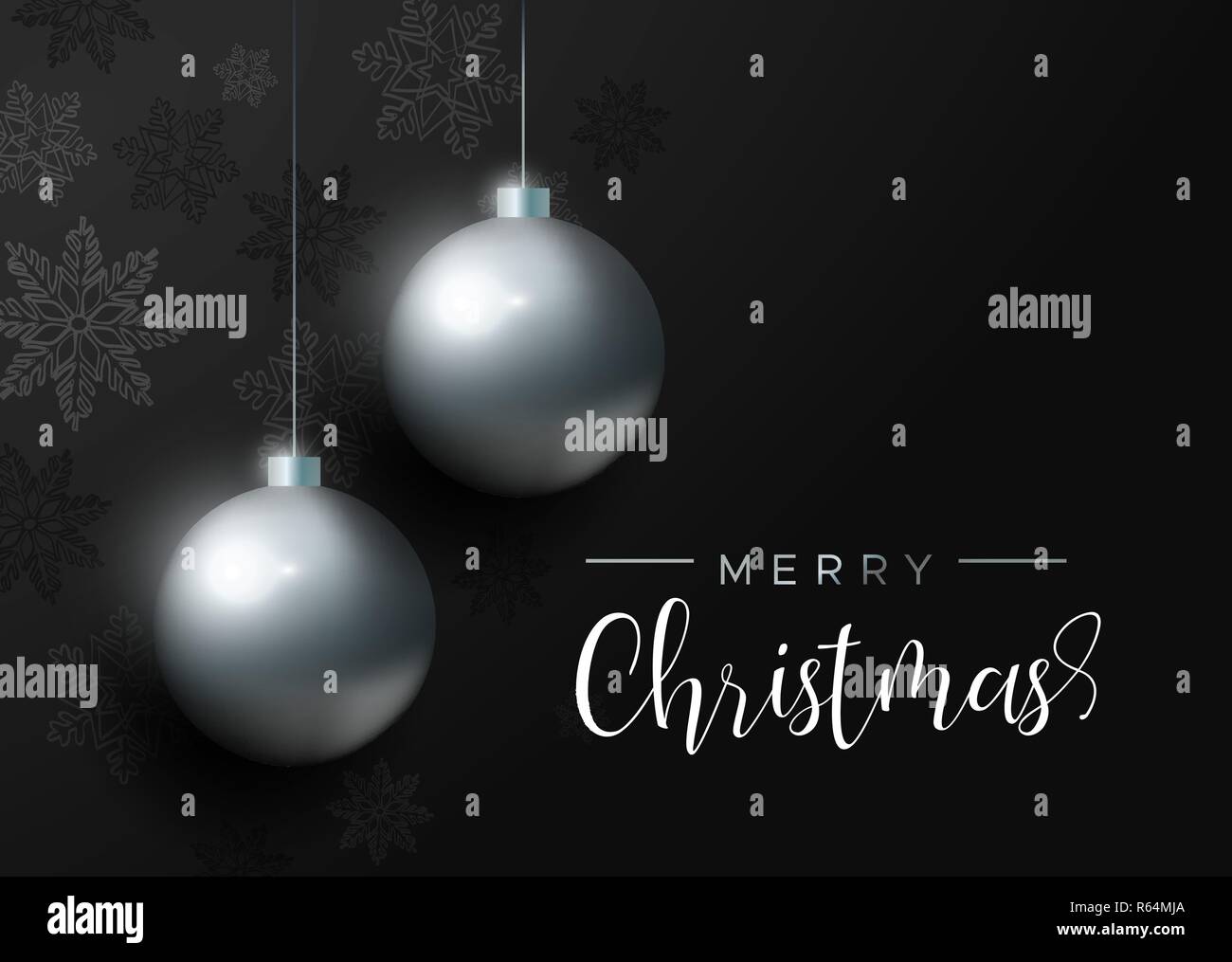 Weihnachtskarte mit schwarzen Xmas bauble Ornamente und Schneeflocke Dekoration. Luxus Urlaub Kugeln Hintergrund für die Einladung oder Jahreszeiten Gruß. Stock Vektor