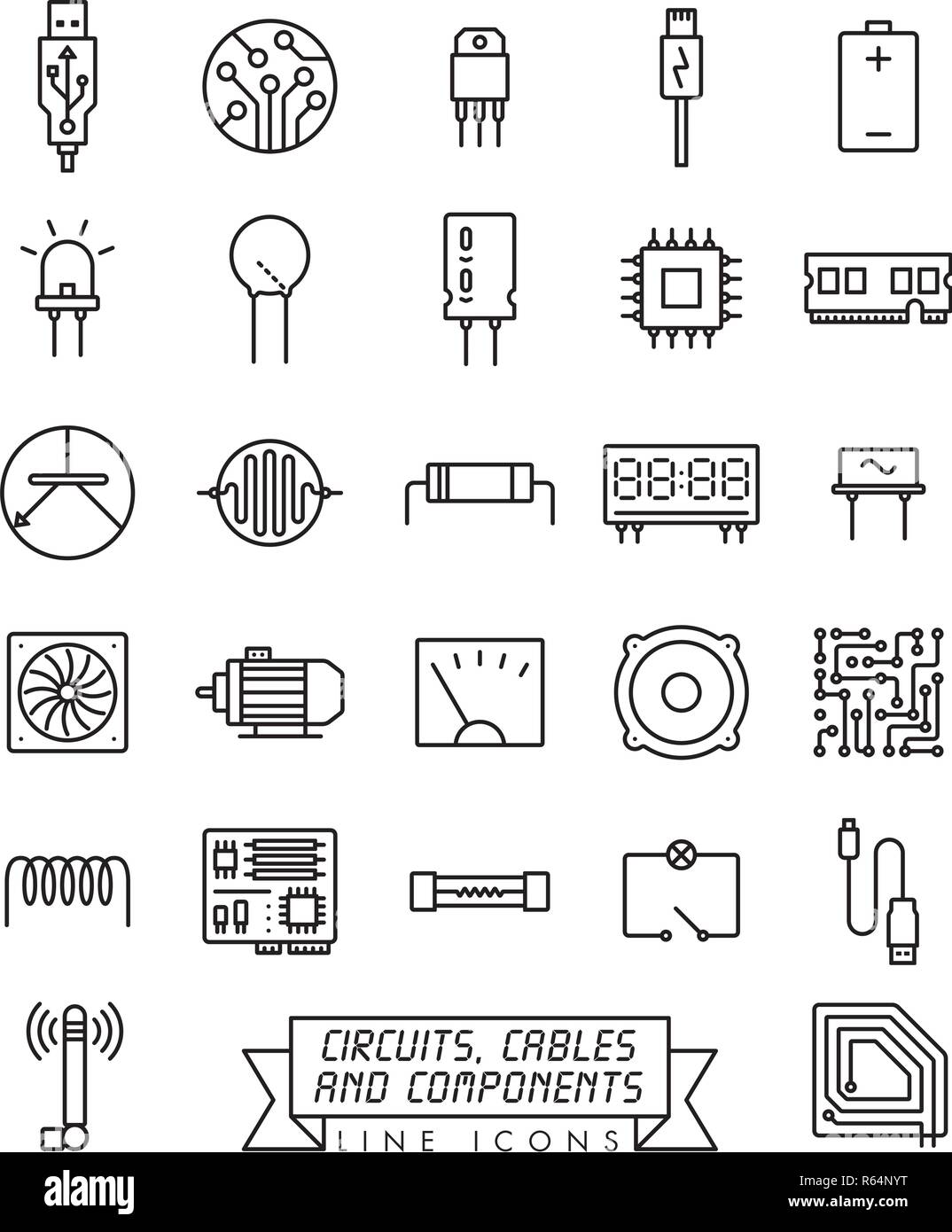 Sammlung von elektronischen Bauelementen, Schaltungen und Kabel vektor Zeile für Symbole. Mikrotechnik Symbole. Stock Vektor