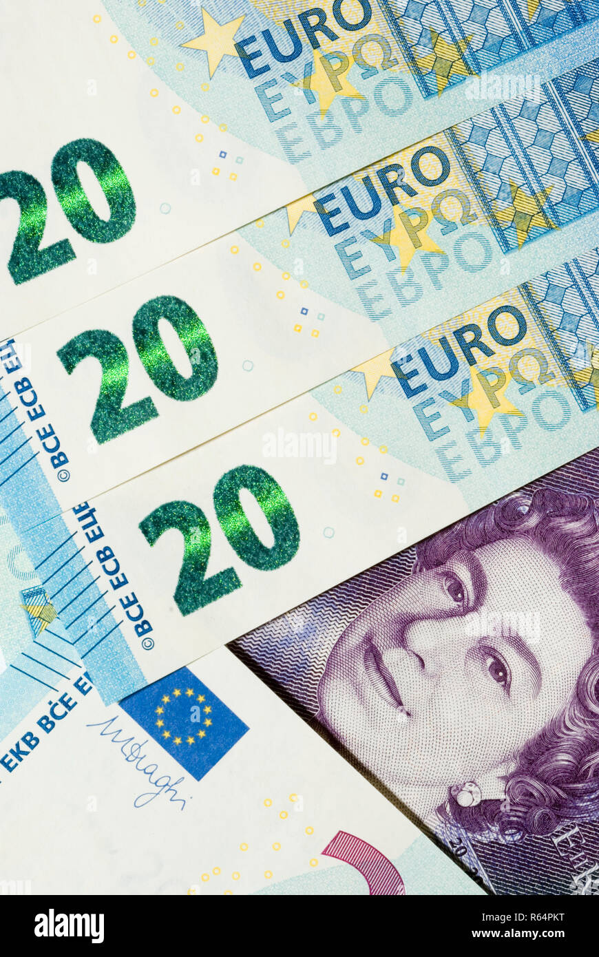Zwanzig Euro und Pfund Stockfoto