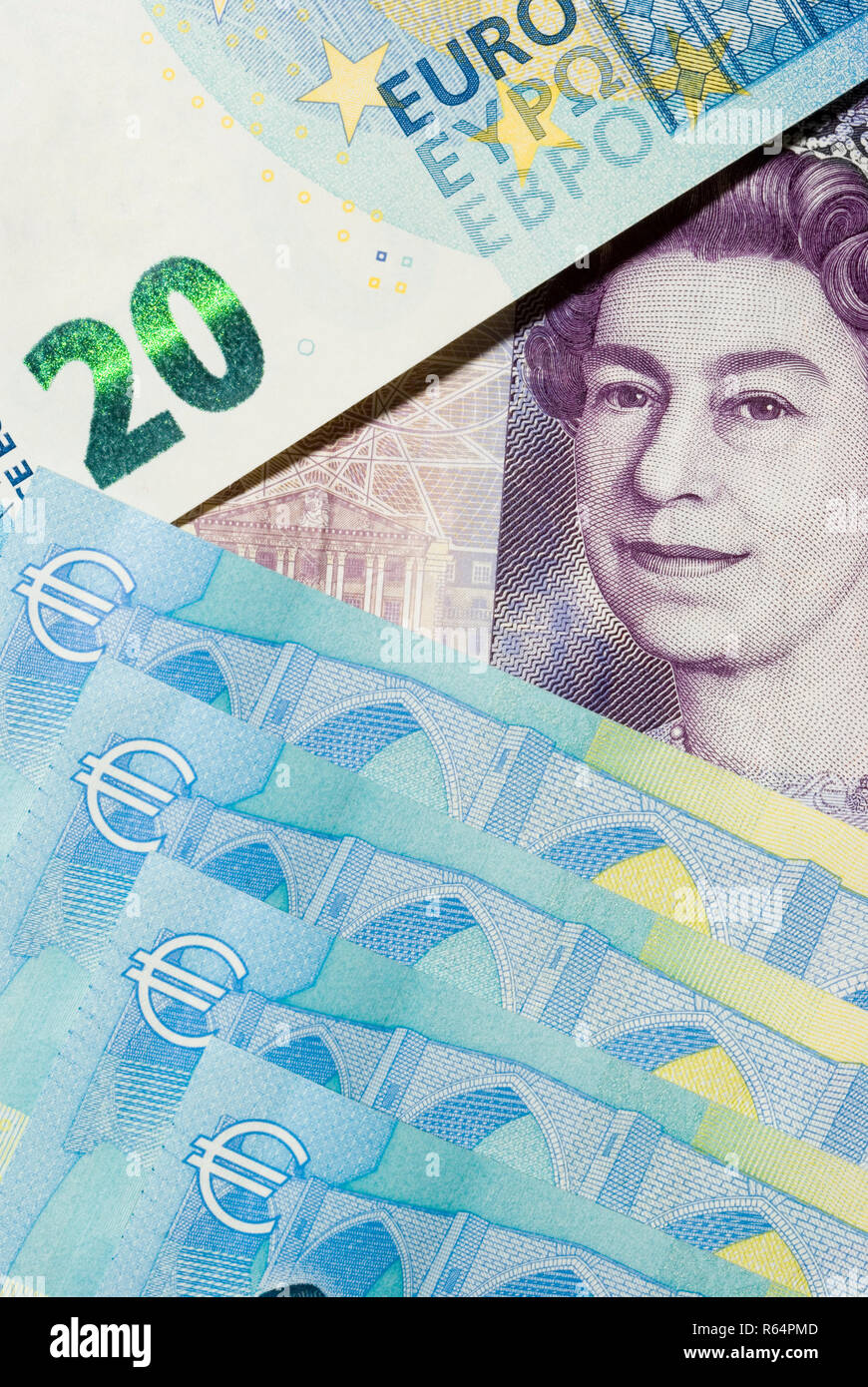 Zwanzig Euro und Pfund Stockfoto