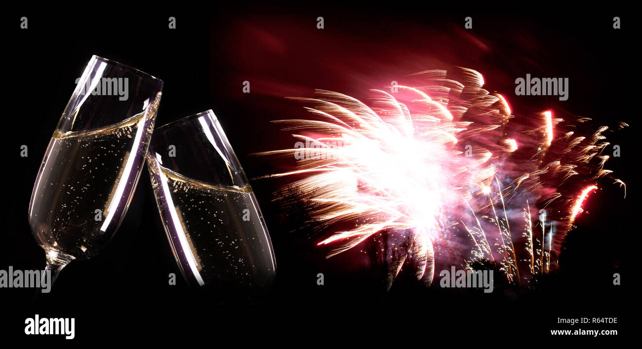 Neues Jahr Hintergrund, Champagner und Feuerwerk Stockfoto
