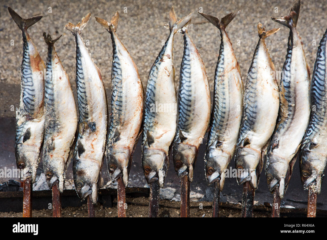 Grillen Fisch auf einem Stick Stockfoto