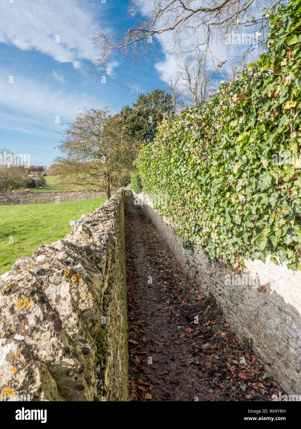 Ein Fußweg mit hohen Mauern auf beiden Seiten. UK. Stockfoto